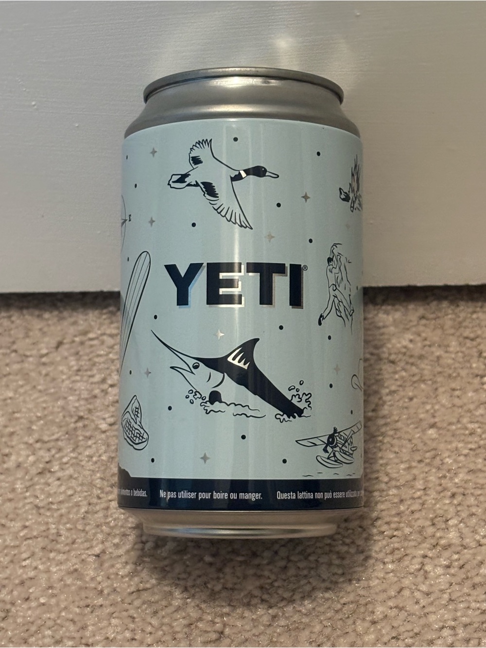 Yeti Limited Edition Faux Pop Top Stash Can 12oz Light Blue Fishing-Themed